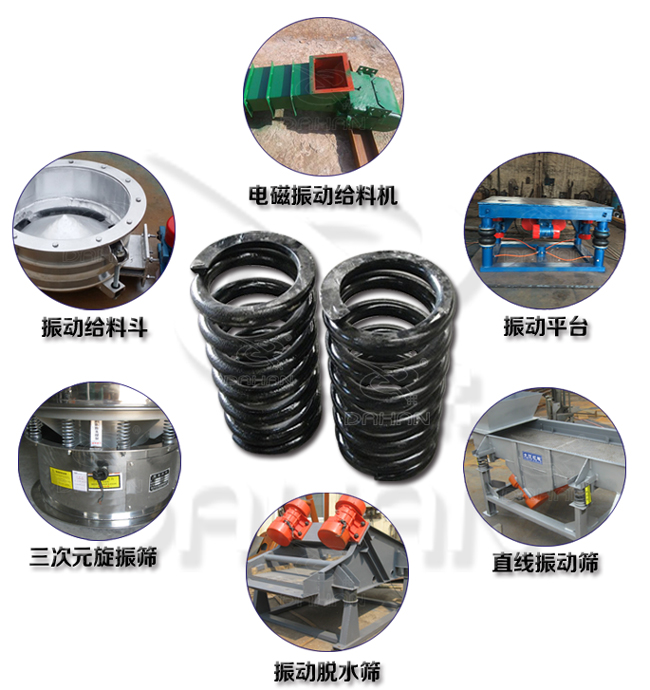 旋振篩減震彈簧適用產(chǎn)品：振動(dòng)給料機(jī)，電磁振動(dòng)給料機(jī)，振動(dòng)平臺(tái)，直線振動(dòng)篩，振動(dòng)脫水篩，三次元旋振篩。