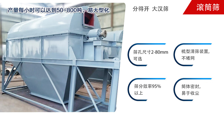 滾筒篩分開放式,封閉式兩種選擇無塵篩分。無軸滾筒：適用生活垃圾等一些有一定纏繞性物料;有軸滾筒：適用石料，砂土等含水量較少的物料