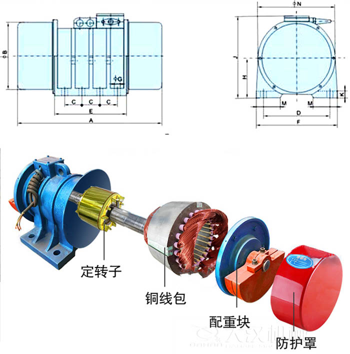 ZFB倉壁振動器外形尺寸字母代表：A為整機(jī)長度F為整機(jī)寬度B為主機(jī)寬度等。結(jié)構(gòu)：定轉(zhuǎn)子，銅線包，配重塊，防護(hù)罩等。