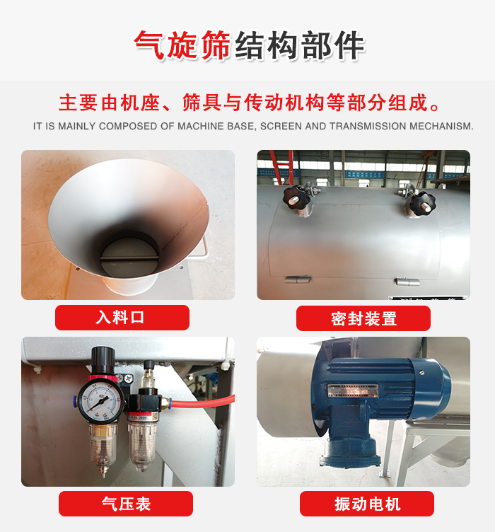 氣旋篩結(jié)構(gòu)：入料口，密封裝置，電機，氣壓表等